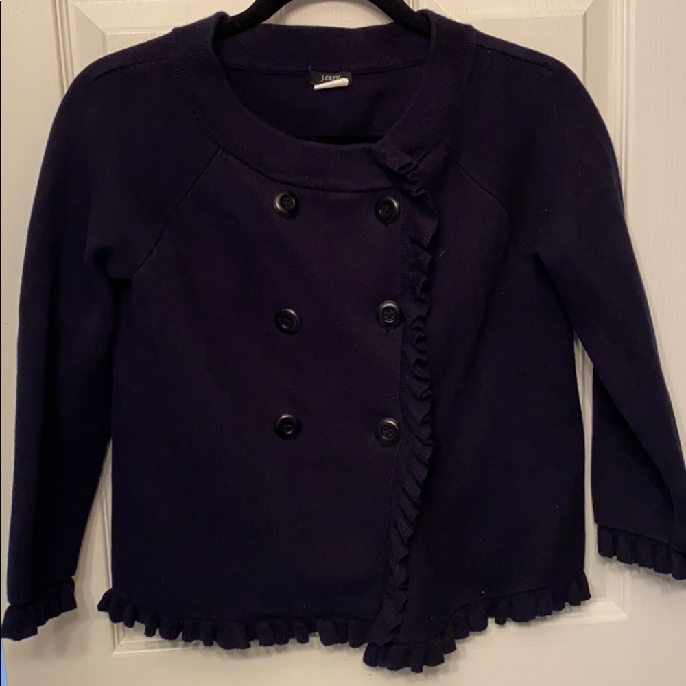 J. Crew navy blue double breasted ruffle cardigan